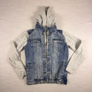 Urban Heritage Youth Denim Jacket Gray Jersey Hooded Sleeves Blue Size L 14